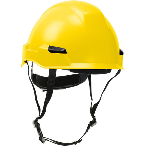Yellow safety helmet with black straps on a white background