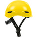 Yellow helmet with black straps on a white background