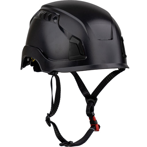 Black helmet with chin strap on a white background