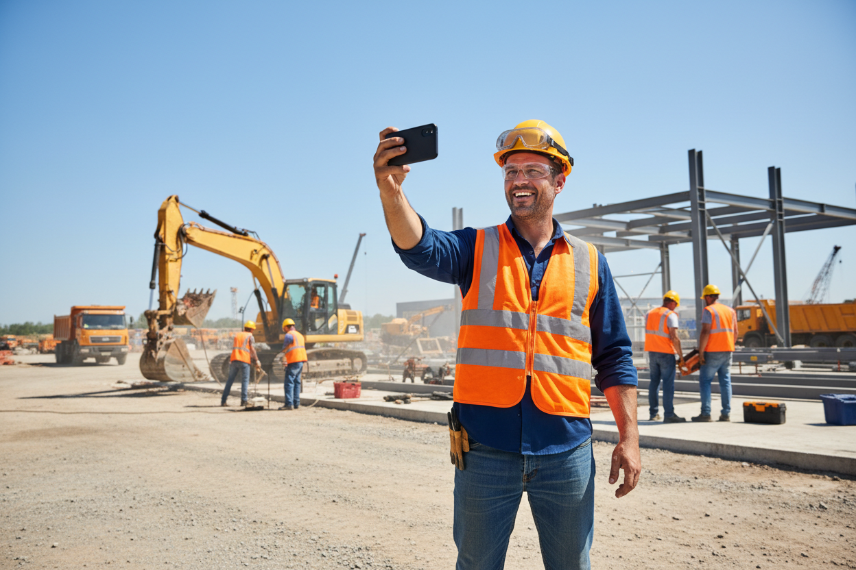 please show a blue collar man filming himself by holding his phone up with his back to his crew works behind him on a summer day