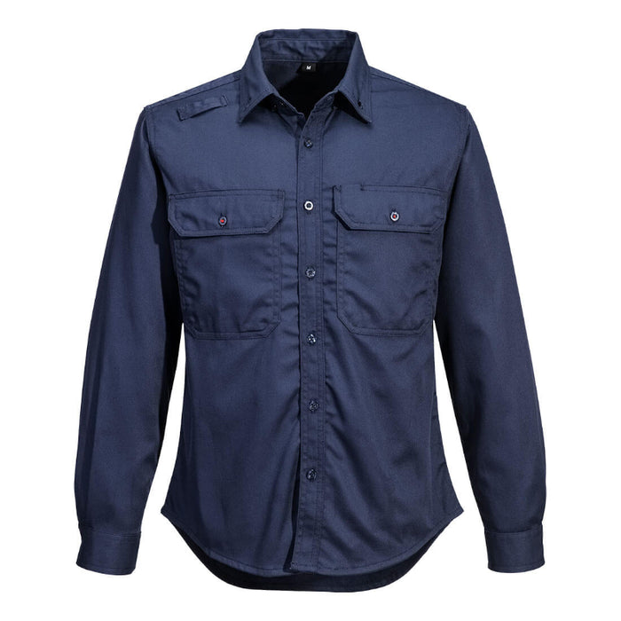 Navy blue shirt with two front pockets on a white background