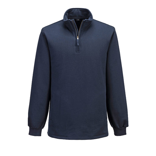 Navy blue pullover with a quarter zip on a white background