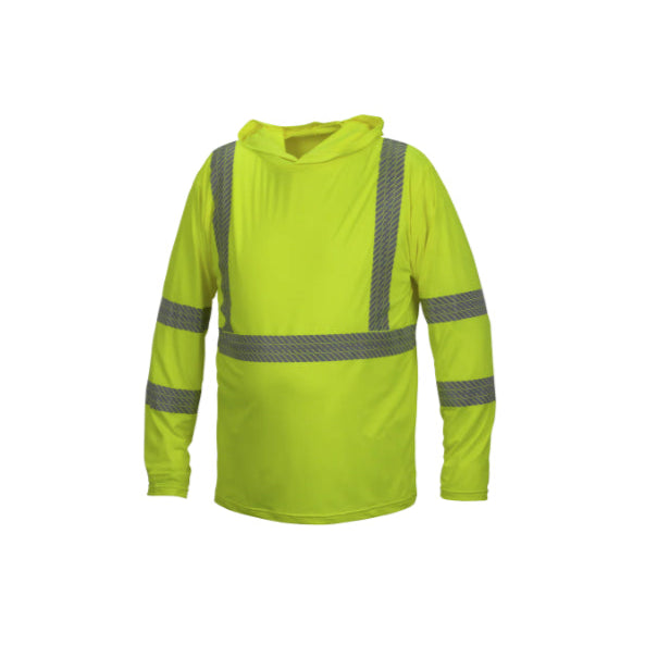 Hi-visibility lime hoodie with reflective stripes on a white background