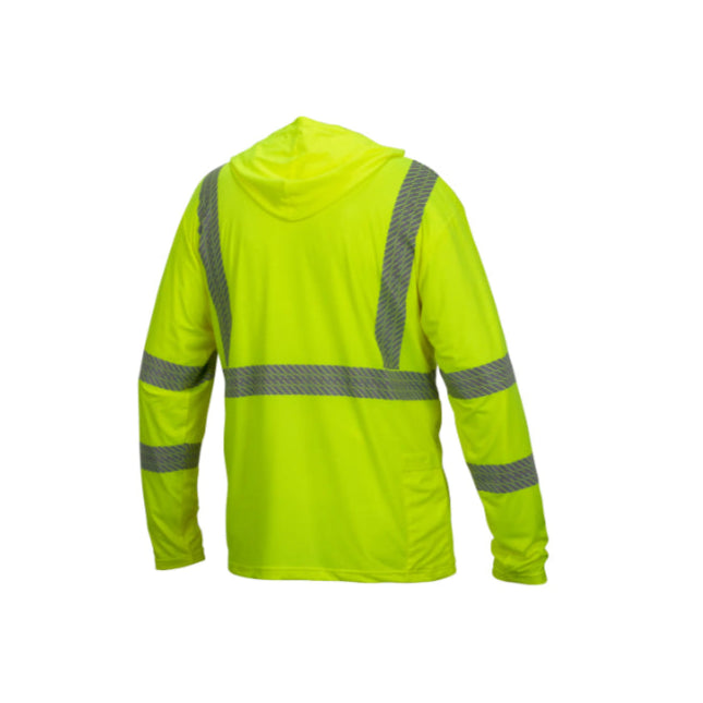 High-visibility lime jacket with reflective stripes on a white background
