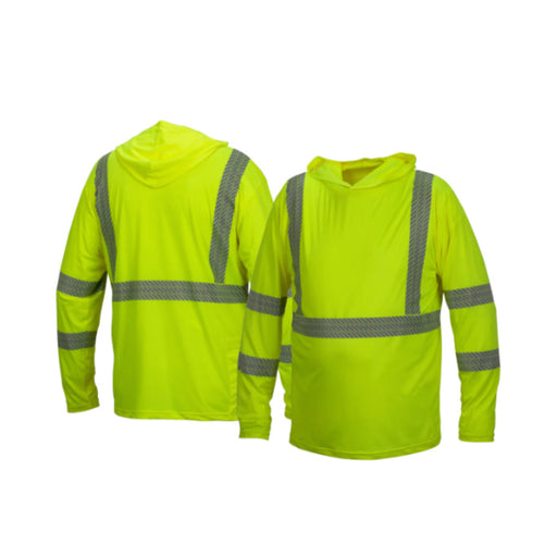 High-visibility lime hoodie with reflective stripes on a white background