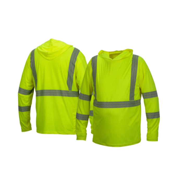 High-visibility lime hoodie with reflective stripes on a white background