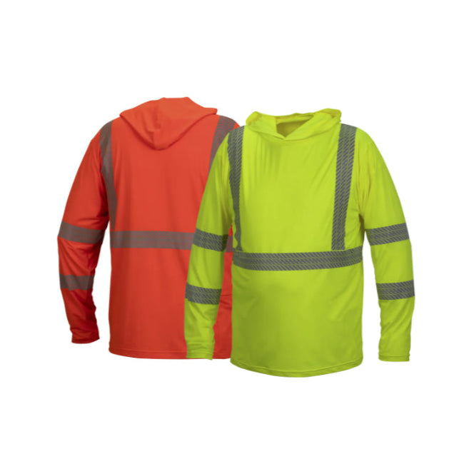 Two high-visibility hoodies, one orange and one lime, on a white background.