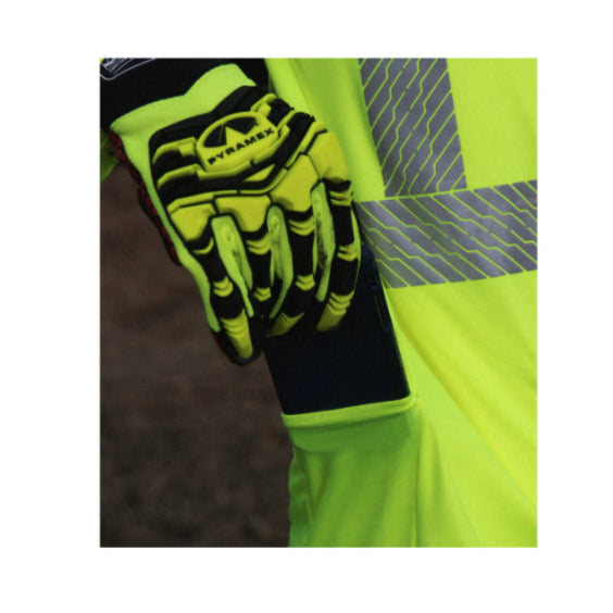 Bright Hi Vis Lime  gloves with black accents on a white background