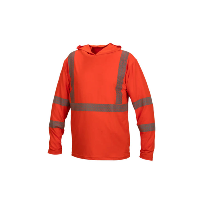 Orange safety hoodie with reflective silver stripes on a white background