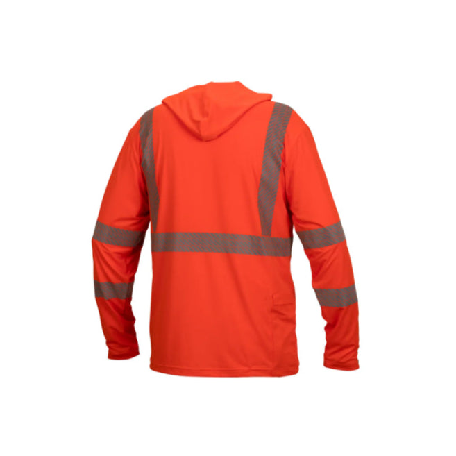 Orange safety jacket with reflective stripes on a white background