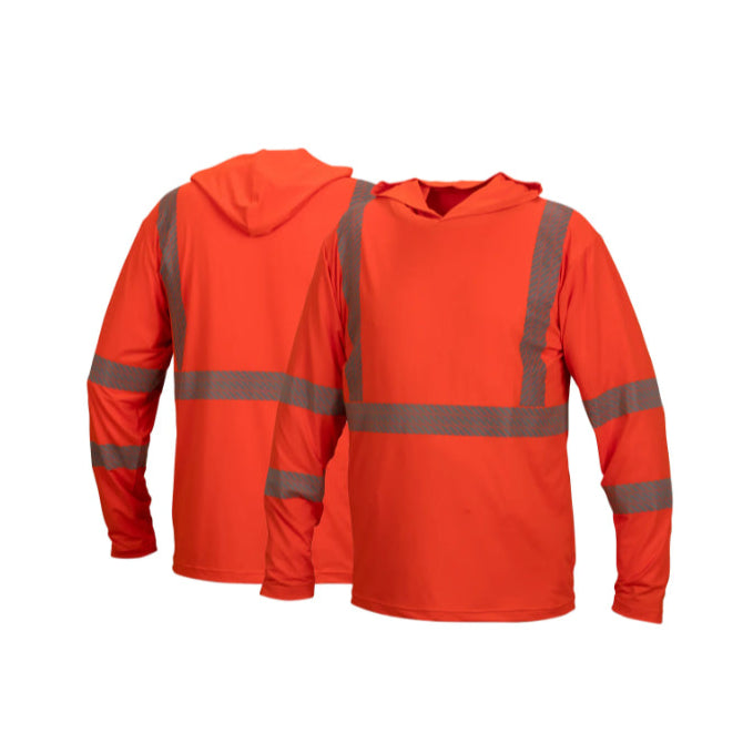 Orange safety hoodie with reflective stripes on a white background