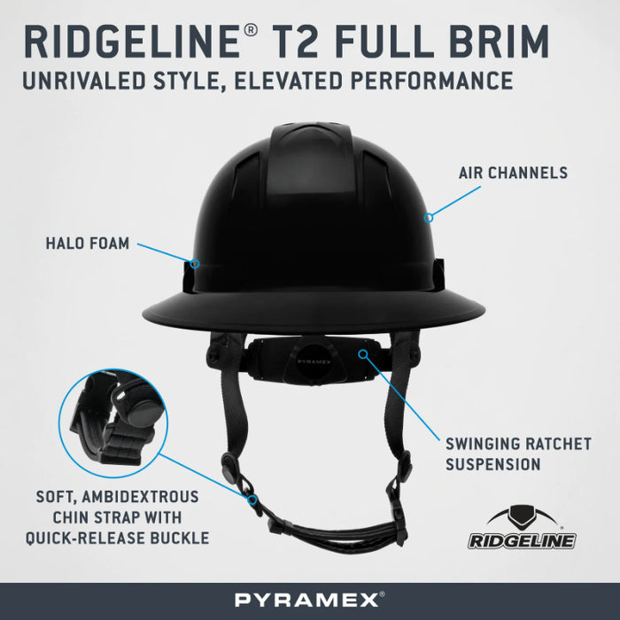 Pyramex® Ridgeline ® T2 Full Brim Hard Hat - 6-Point Ratchet Suspension - HPT256110V