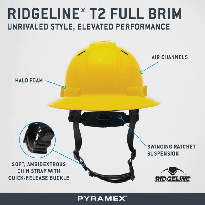 Pyramex® Ridgeline ® T2 Full Brim Hard Hat - 6-Point Ratchet Suspension - HPT256110V