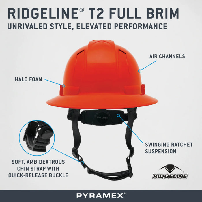 Pyramex® Ridgeline ® T2 Full Brim Hard Hat - 6-Point Ratchet Suspension - HPT256110V