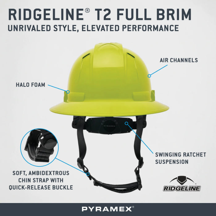 Pyramex® Ridgeline ® T2 Full Brim Hard Hat - 6-Point Ratchet Suspension - HPT256110V