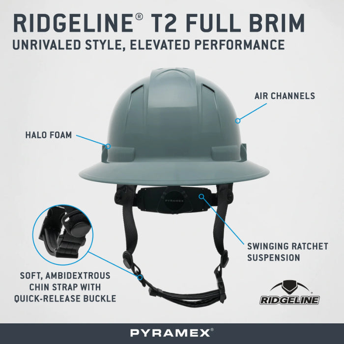 Pyramex® Ridgeline ® T2 Full Brim Hard Hat - 6-Point Ratchet Suspension - HPT256110V