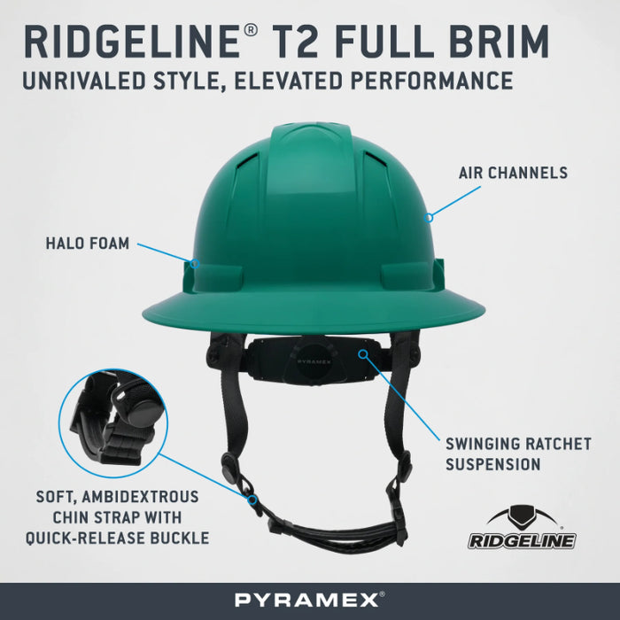 Pyramex® Ridgeline ® T2 Full Brim Hard Hat - 6-Point Ratchet Suspension - HPT256110V