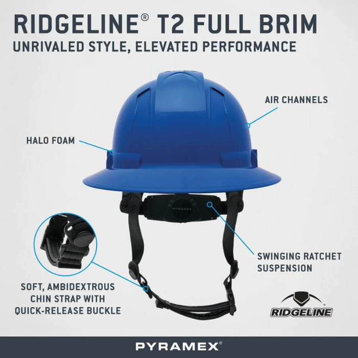 Pyramex® Ridgeline ® T2 Full Brim Hard Hat - 6-Point Ratchet Suspension - HPT256110V