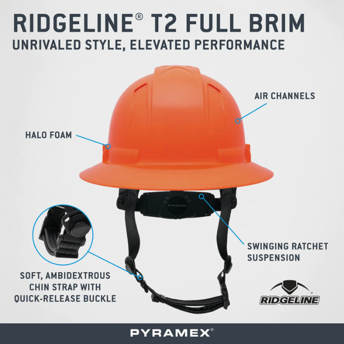 Pyramex® Ridgeline ® T2 Full Brim Hard Hat - 6-Point Ratchet Suspension - HPT256110V