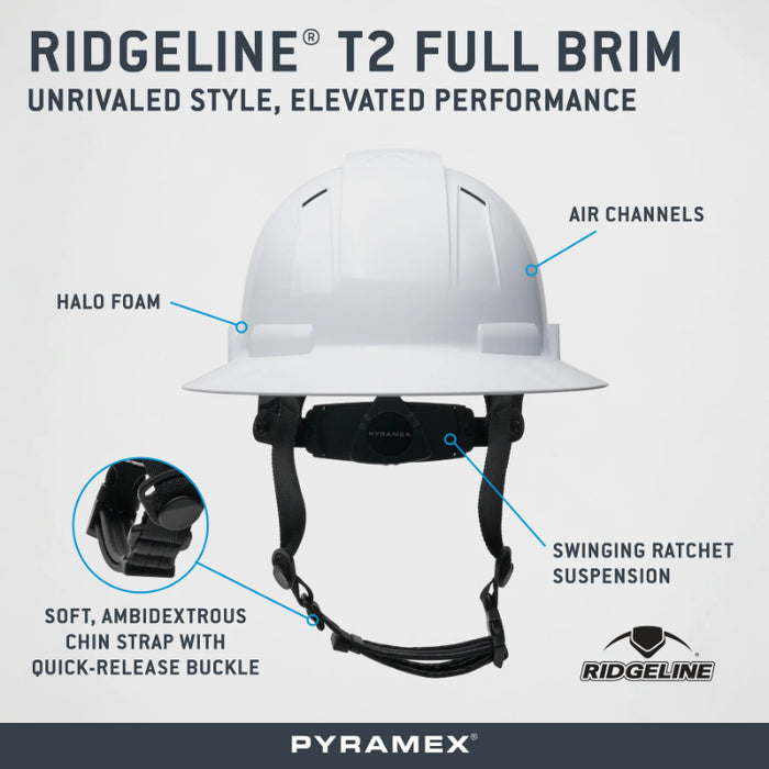 Pyramex® Ridgeline ® T2 Full Brim Hard Hat - 6-Point Ratchet Suspension - HPT256110V