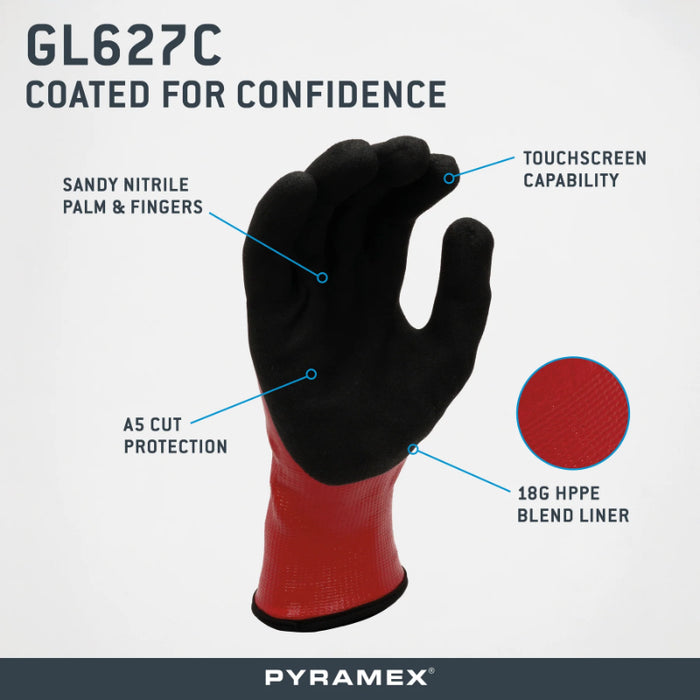 Pyramex® Waterproof Double-Dipped Sandy Nitrile Cut Gloves - ANSI Cut Level - A5 - GL627C