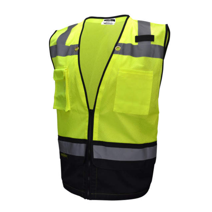A high-visibility safety vest in neon yellow-green with reflective gray stripes and a black bottom panel, shown on a plain white background.