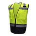 A high-visibility safety vest in neon yellow-green with reflective gray stripes and a black bottom panel, shown on a plain white background.