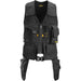 Black utility vest with multiple pockets and a belt on a white background