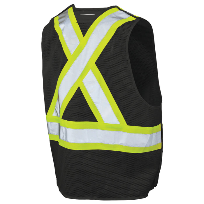 Black safety vest with reflective yellow and white stripes on a white background