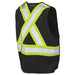 Black safety vest with reflective yellow and white stripes on a white background