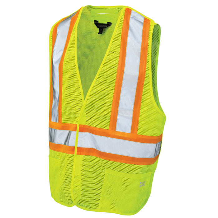 Yellow safety vest with reflective stripes on a white background