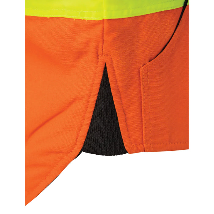 Close-up of orange safety vest with a yellow top section on a white background