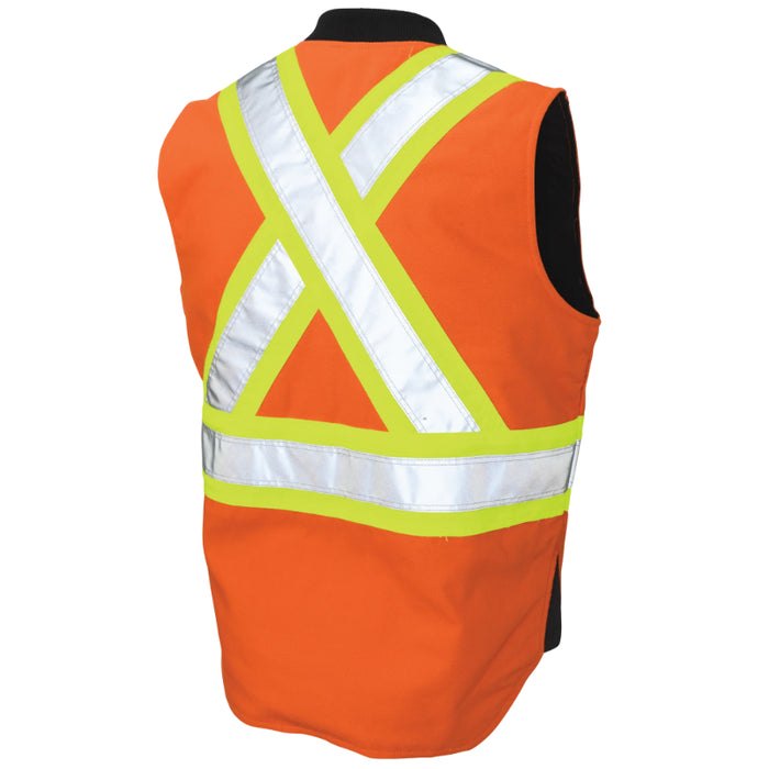 Orange safety vest with reflective stripes on a white background
