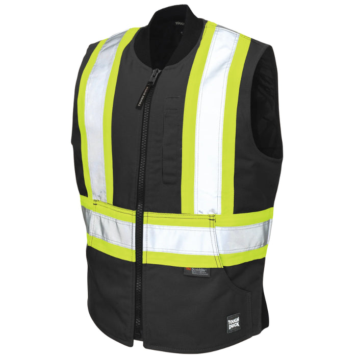 Black safety vest with reflective yellow stripes on a white background