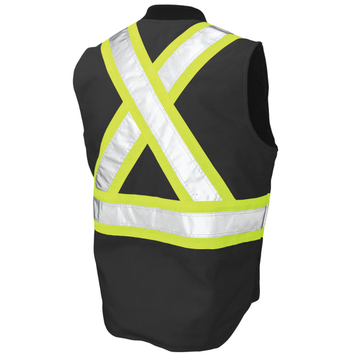 Black safety vest with reflective yellow and white stripes on a white background