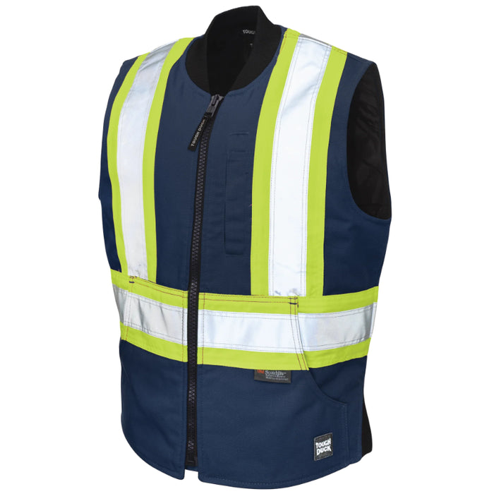 Navy blue safety vest with reflective yellow stripes on a white background
