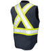 Black safety vest with reflective yellow and white stripes on a white background