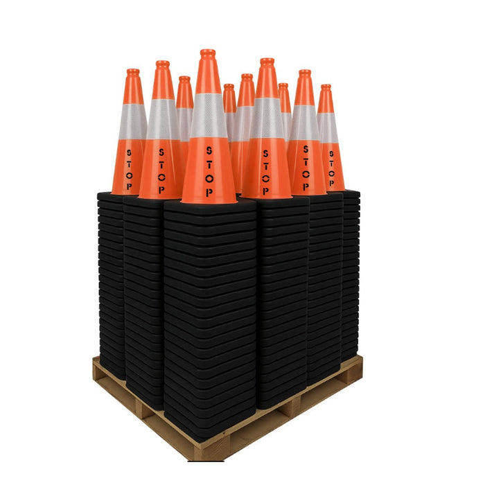 18" STOP Traffic Cone - 3 Lbs - Safety Orange - 6" Inch Hi Intensity Reflective Collars - Bulk Pallet
