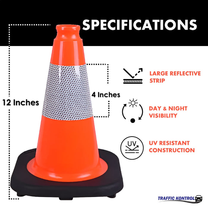 12" Traffic Safety Cone - 1.7 Lbs - Orange - 4" Reflective Collar - Bulk Pallet