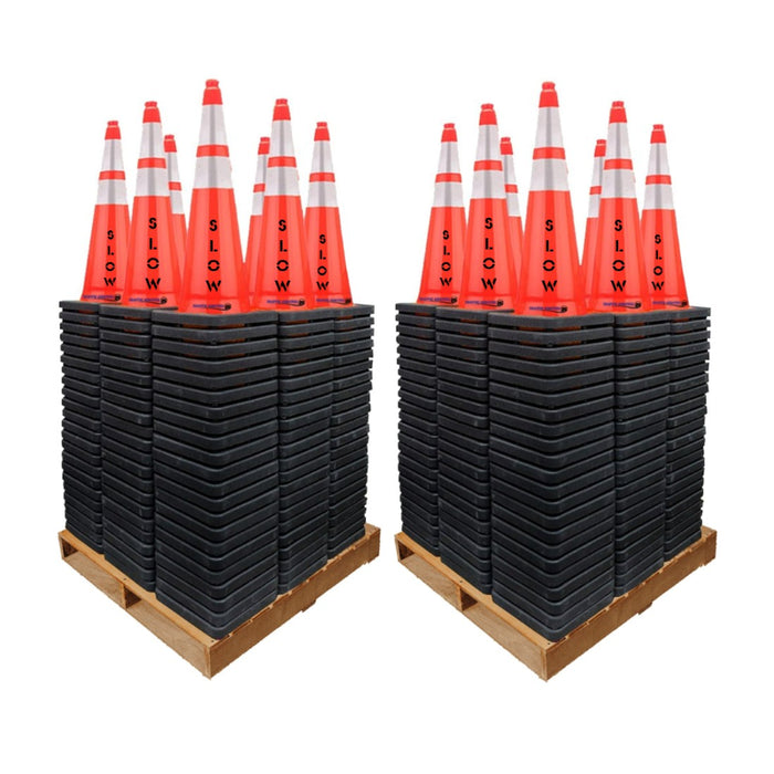 28" SLOW Traffic Safety Cone - 10 Lbs - Orange - 6" + 4" Inch Reflective Collars - Bulk Pallet