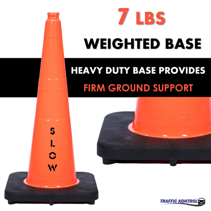28" SLOW Traffic Cone - 7 Lbs - Safety Orange - No Reflective Collar