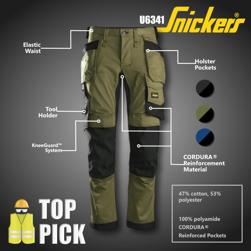 Snickers® Workwear Industrial Stretch Work Pants – Tool Holders, CORDURA® Knees & Pre-Bent Legs - Slim Fit - U6341