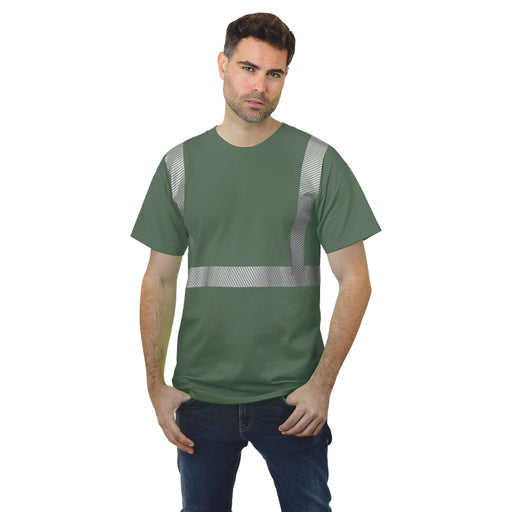 BAYSIDE® MADE IN USA Hi-Vis 100% Cotton Crew Segmented Striping - Army Green - 3700 - Safety Vests and More