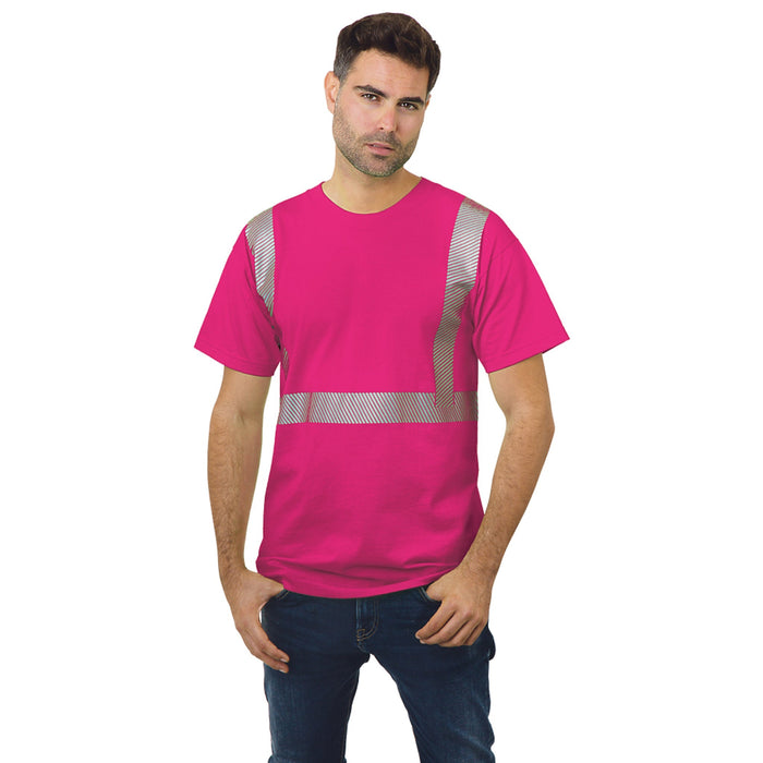 BAYSIDE® MADE IN USA Hi-Vis 100% Cotton Crew Segmented Striping - Bright Pink - 3700 - Safety Vests and More