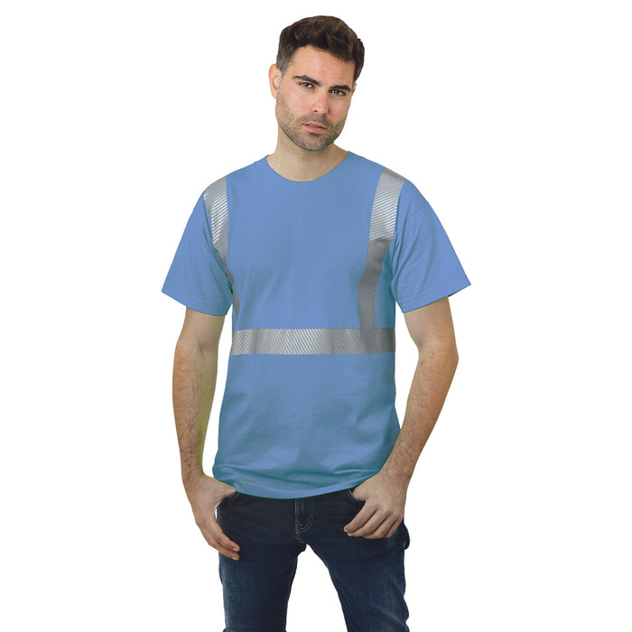 BAYSIDE® MADE IN USA Hi-Vis 100% Cotton Crew Segmented Striping - Carolina Blue - 3700 - Safety Vests and More