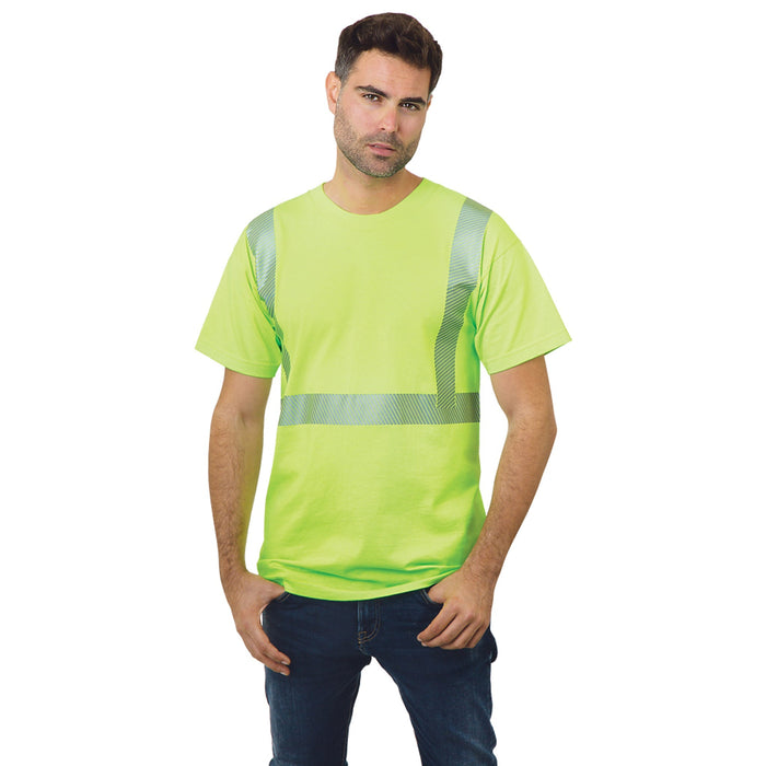 BAYSIDE® MADE IN USA Hi-Vis 100% Cotton Crew Segmented Striping - Lime Green - 3700 - Safety Vests and More