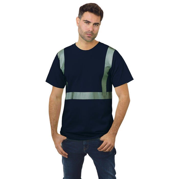 BAYSIDE® MADE IN USA Hi-Vis 100% Cotton Crew Segmented Striping - Navy - 3700 - Safety Vests and More