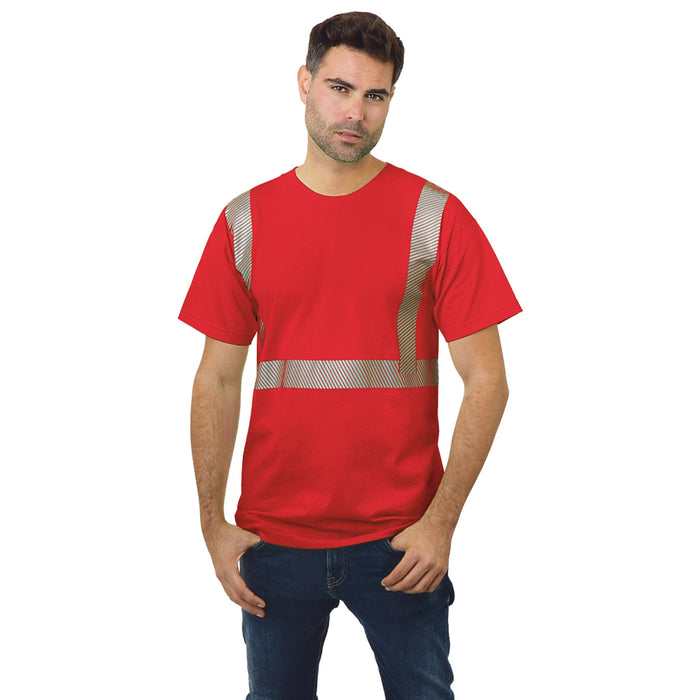 BAYSIDE® MADE IN USA Hi-Vis 100% Cotton Crew Segmented Striping - Red - 3700 - Safety Vests and More