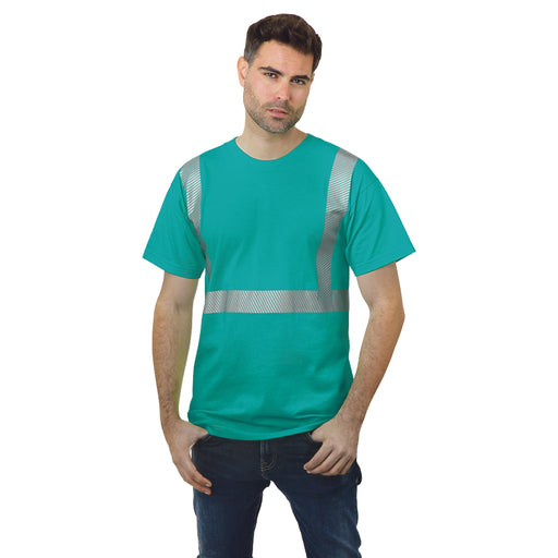 BAYSIDE® MADE IN USA Hi-Vis 100% Cotton Crew Segmented Striping - Teal - 3700 - Safety Vests and More