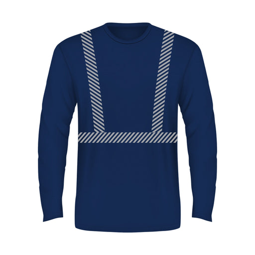 BAYSIDE® MADE IN USA Hi-Vis 100% Cotton Long Sleeves Crew Segmented Striping - 3705 - Navy - Safety Vests and More